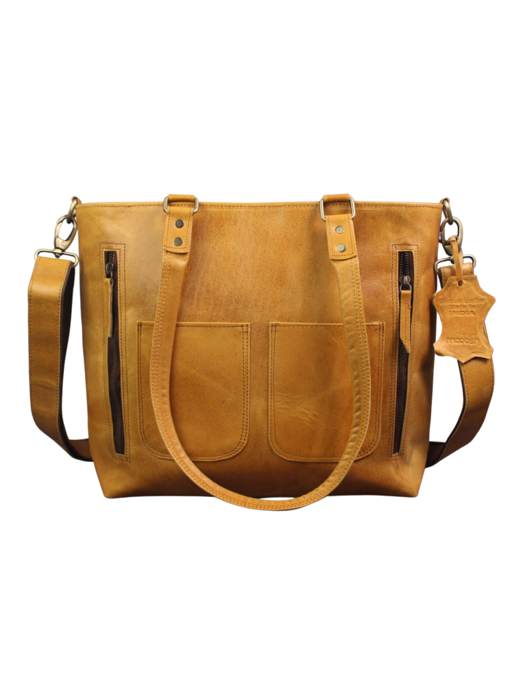 Madosh Women's Genuine Leather Tote Shoulder Bag – Handcrafted Yellow Crossbody Everyday Purse with Detachable Strap & Front Pockets